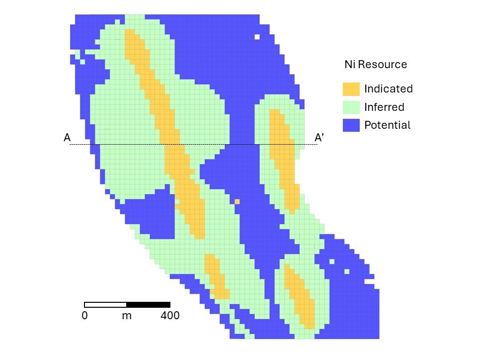 Figure 3 – Plan View of Deloro Block Model, Resource category and Nickel Grade (left) (CNW Group/Canada Nickel Company Inc.)