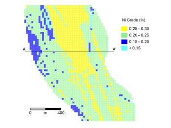 Figure 3 – Plan View of Deloro Block Model, Resource category and Nickel Grade (right) (CNW Group/Canada Nickel Company Inc.)