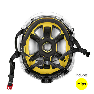 The V-Gard H2™ Safety Helmet features the option to include the Mips® brain protection system for industrial safety helmets that can help to reduce the risk of brain trauma injuries. The Mips safety system, shown in yellow, is a low-friction layer inside the helmet that is designed to move slightly in the event of an impact to the helmet.