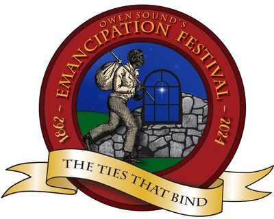 Emancipation Festival logo + tagline ``The Ties that Bind``; 1862-2024; image of a man with a sack over his shoulder by the Black History Cairn in Owen Sound`s Harrison Park. (CNW Group/Emancipation Festival)