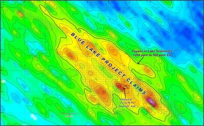 Figure 2 – IC Blue Lake Project claims on contoured colour image of copper ppm in lake sediments. Note copper values are likely displaced from their in-situ source due to fluvial/glacial transport. (CNW Group/IC Capitalight Corp.)