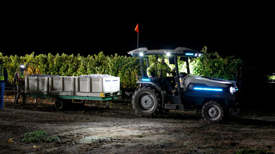 Night time vineyard harvest with Monarch Tractor's all electric, autonomous, data driven MK-V electric tractor. With up to 14 hours run time and a swappable battery, the MK-V can operate around the clock.