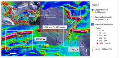 Figure 2. Base of Till copper-gold anomalies at Killero overlain on drone magnetic survey data. (CNW Group/Capella Minerals Limited)