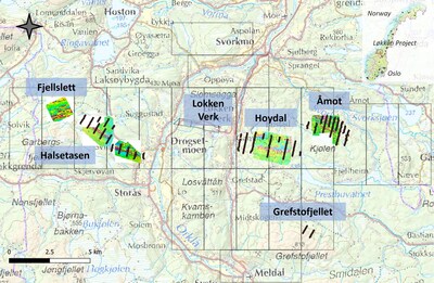 Figure 3. Key targets at the Løkken copper-cobalt-zinc project. Areas of completed ground magnetic surveys and soil grids are also indicated. (CNW Group/Capella Minerals Limited)