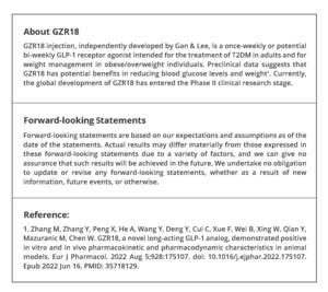 Gan &amp; Lee Pharmaceuticals' Bi-weekly (twice a month) GLP-1 Receptor Agonist GZR18 Injection Achieved 17.29% Weight Loss at 30 Weeks in a Phase IIb Clinical Trial