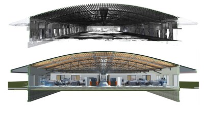 These images showcase the 100 ft long bowstring trusses that provide a column-free office space for this portion of our new McGough headquarter building. The bottom image from the coordinated Revizto model shows the as-built conditions point cloud overlaid onto the 3D model. (Image source: McGough).