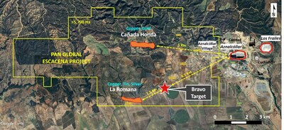 Figure 1 – Bravo gravity target is a 2km x 1.2km gravity anomaly located 1.5km east of Pan Global's La Romana copper-tin-silver discovery. (CNW Group/Pan Global Resources Inc.)