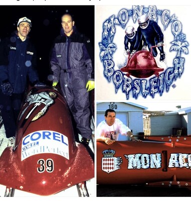 Greg Speirs and Prince Albert of Monaco in LaPlagne, France showing the artist's iconic "Monaco Monk Icicle" Olympics Bobsleds he designed for Prince Albert's Monaco Olympic Bobsled Team in the 1995 World Cup Bobsleigh. The Olympic bobsleds then went on to be used in the Nagano, Japan Winter Olympics in 1998. The artist's bobsleds came with matching T-shirt uniforms for the Prince's Monaco Olympic Bobsled Team.