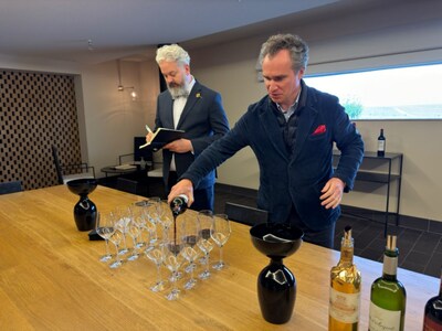 Photo provided to Xinhua shows tasting of the Bordeaux wine products at the Chateau Mouton Rothschild in Bordeaux of France.