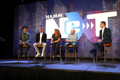 Andy Powers, CEO, Taylor Guitars; Dominic Wagner, CMO, Thomann; Beth Heidt, Chief Marketing Officer, Gibson and Thomas Ripsam, President & CEO, C.F. Martin & Co. speak with NAMM President and CEO, John Mlynczak at NAMM NeXT in Nashville, TN. Courtesy of NAMM.