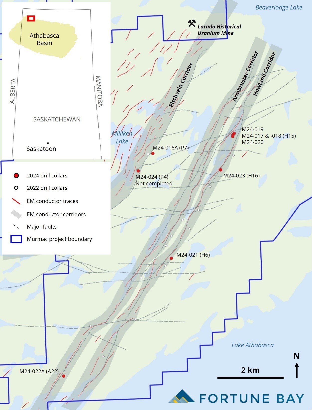 Figure 1: Murmac 2024 Drill Collar Locations. (CNW Group/Fortune Bay Corp.) Figure 1: Murmac 2024 Drill Collar Locations. (CNW Group/Fortune Bay Corp.)