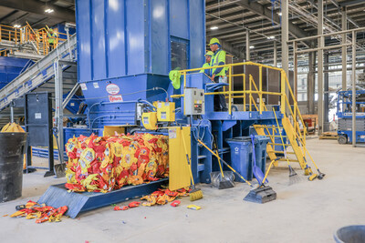 Color-sorted plastic being baled at the Las Vegas Polymer Center.