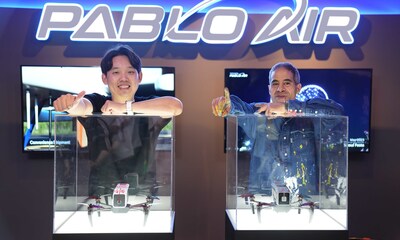 Young-Joon Kim (left), CEO of PABLO AIR, and JonOne (right) posing with specially designed PabloX F40 pyrotechnic drones