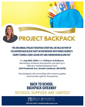 Price Benowitz, PG Council Chair Jolene Ivey, and Alum Partner Glenn Ivey join forces to distribute 1,000 backpacks at the Annual Project Backpack Event