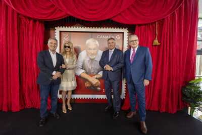 From left to right: Rick Mercer, Canadian comedian and television personality, Lynne St. David Jewison, Norman Jewison’s wife, Charles Sousa, Parliamentary Secretary to the Minister of Public Services and Procurement and Member of Parliament for Mississauga-Lakeshore, and Doug Ettinger, Canada Post’s Chief Executive Officer, at the Norman Jewison stamp unveiling event in Toronto, on July 24, 2024. (Photo: Carlos Osorio) (CNW Group/Canada Post)
