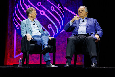 Vincent Roche, CEO and Chair at ADI (left) and Noubar Afeyan, Ph.D., Founder and CEO of Flagship Pioneering (right) conversing during a fireside chat on stage at ADI’s General Technology Conference on Apr. 25, 2024 in Boston, Mass.