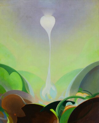 Agnes Pelton (1881-1961), "Flowering," 1929. Oil on canvas. Signed and dated lower right: Agnes Pelton; signed again (twice), titled, and inscribed "Water Mill Long Island N.Y. $200" all in pencil on the verso of the upper and side stretcher bars, 24" H x 19" W est. $300,000-500,000. Flowering has a rich provenance, having passed from the artist through the hands of Pelton's friends and neighbors, Matille Prigge “Billie” Seaman and then to Josephine Morse True, both of Cathedral City, CA.