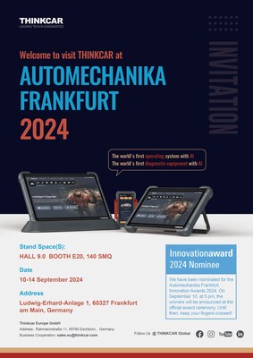 A THINKCAR Tech vai se apresentar no estande E20, Hall 9.0, Ludwig-Erhard-Anlage 1, 60327 Frankfurt am Main, Alemanha, de 10 a 14 de setembro de 2024. Amigos de todas as esferas da vida são bem-vindos para visitar e receber orientações (PRNewsfoto/THINKCAR Europe GmbH)