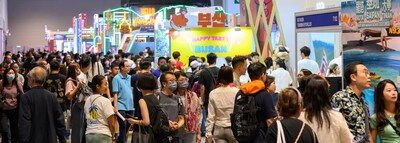 A section of the front row of ITE Hong Kong 2024 across five halls, which roughly a quarter of one kilometer long, showcases many specially designed pavilions by international destinations from various continents and often packed with visitors.