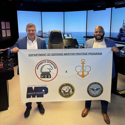 Celebrating their new Department of U.S. Navy Mentor Protégé Agreement in Hornbeck Offshore’s new state-of-the-art Dynamic Positioning Simulator are Hornbeck Offshore President and CEO, Todd Hornbeck, left; and NGL CEO and Founder, Eddie Compass IV.