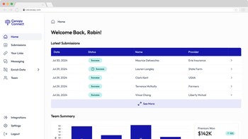 All new dashboard shows recently collected insurance information and agency metrics.