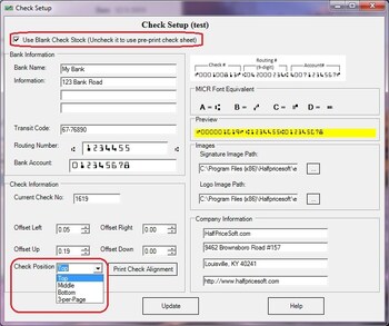 Print on check on top, bottom or three per page blank checks