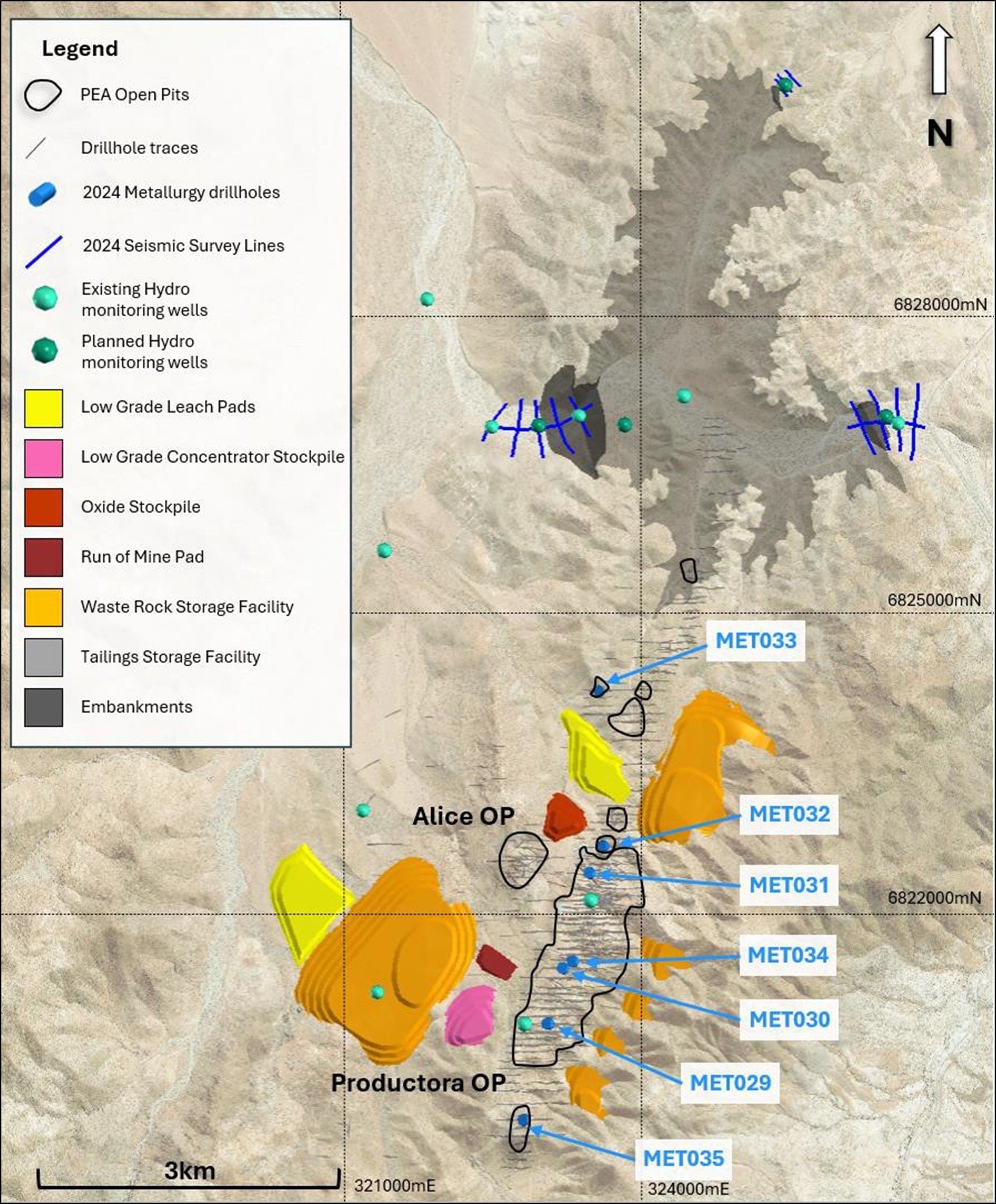 Figure 1. Aerial photo of Productora indicating the location of completed seismic survey and collars of hydrological drillholes (drilled and planned) relative to the planned mine infrastructure. Location of metallurgical drillholes completed in Q2 are displayed as blue traces. (CNW Group/Hot Chili Limited) Figure 1. Aerial photo of Productora indicating the location of completed seismic survey and collars of hydrological drillholes (drilled and planned) relative to the planned mine infrastructure. Location of metallurgical drillholes completed in Q2 are displayed as blue traces. (CNW Group/Hot Chili Limited)