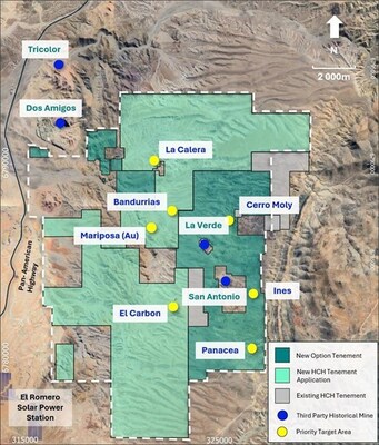 Figure 2. Location of the Domeyko landholding in relation to initial exploration targets (CNW Group/Hot Chili Limited)