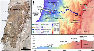 Figure 3. Location of conceptual water network and significant mines (Los Colorados – iron ore), new copper discoveries (Encierro and Valeriano), significant undeveloped copper projects (Costa Fuego, Nueva Union and others in the area) as well as potential industrial and non-mining customers in the Huasco valley region of the Southern Atacama (CNW Group/Hot Chili Limited)