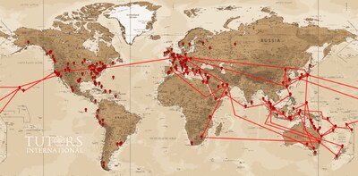 The red dots indicate all the locations Tutors International has placed a tutor, and the lines represent the journeys undertaken by their travelling tutors. (PRNewsfoto/Tutors International)