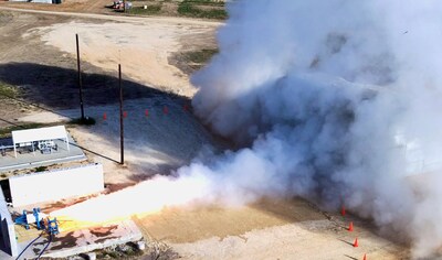 Aerial photo of the successful static test of X-Bow's Ballesta-34 solid rocket motor.