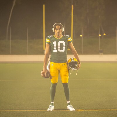 Jordan Love, Quarterback of the Green Bay Packers wearing Sony's WH-1000XM5 headphones