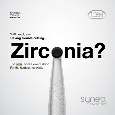 The Synea Power Edition are robust, high-speed handpieces. They are specifically designed for the removal of high-strength ceramic materials such as zirconia, built to last at least 20% longer compared to other electric high-speed handpieces and less likely to require repairs. (CNW Group/W&H Impex Inc.)