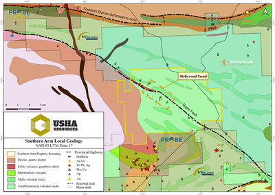 Figure 1 - Local bedrock geology of the Southern Arm property. Geology after SIGEOM.