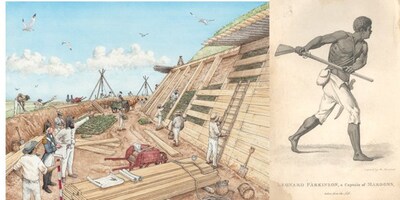 Left image: Maroons Working on the Third Citadel, artwork by Christopher Hoyt, commissioned for the Fortress Halifax – A City Shaped in Conflict exhibit at Halifax Citadel National Historic Site.   Right Image: Leonard Parkinson, a Captain of the Maroons (Courtesy of the Nova Scotia Archives). (CNW Group/Parks Canada (HQ))