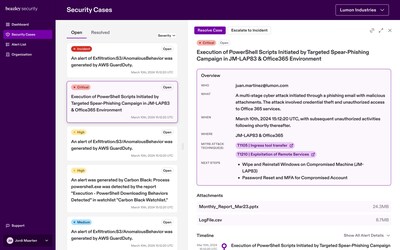 VERACIS provides rich insights into security cases and investigations, using a timeline based approach and providing directions on what next steps are. VERACIS also allows  users to interact directly with security analysts working on their behalf.