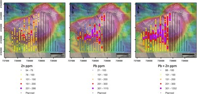 Figure 2 – Bravo target soil sample locations and Zn, Pb, and Pb+Zn soil geochemistry results on the gravity anomaly; 57% of planned soil geochemistry survey area completed (CNW Group/Pan Global Resources Inc.)
