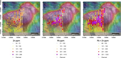 Figure 2 – Bravo target soil sample locations and Zn, Pb, and Pb+Zn soil geochemistry results on the gravity anomaly; <percent>57%</percent> of planned soil geochemistry survey area completed (CNW Group/Pan Global Resources Inc.)