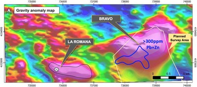 Figure 1 – Bravo gravity target planned exploration survey area, new Pb+Zn soil anomaly, highlighting proximity to La Romana gravity anomaly and mineralization