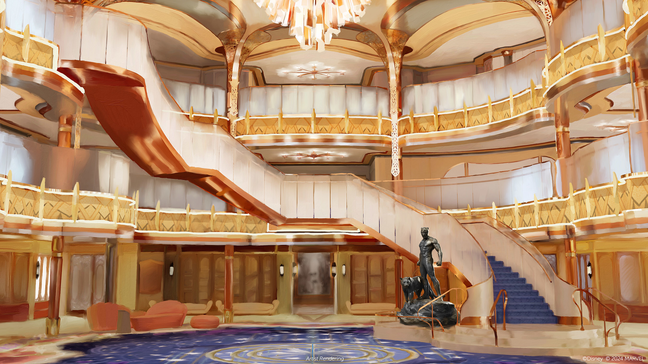 The Grand Hall of the Disney Destiny will be its most striking and prominent gathering space, a mythical realm that welcomes guests into the rich lore, distinctive iconography and vibrant palette of Marvel Studios’ “Black Panther” films. Presiding over the Grand Hall will be a stunning statue of T’Challa, the Black Panther: King of Wakanda, devoted son and beloved brother sworn to protect his kingdom — and the Disney Destiny. (Disney)  (Image at LateCruiseNews.com - August 2024)