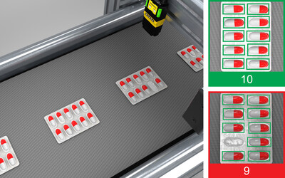 La herramienta de recuento In-Sight SnAPP puede verificar el número correcto de pastillas de un blíster, incluso a través de superficies reflectantes.