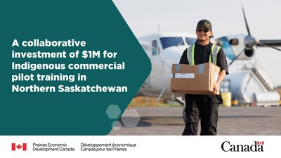 An image of a man wearing a reflective vest, carrying a box, and smiling while walking away from a twin propeller plane in the background, with text: "A collaborative investment of $1M for Indigenous commercial pilot training in Northern Saskatchewan". (CNW Group/Prairies Economic Development Canada)
