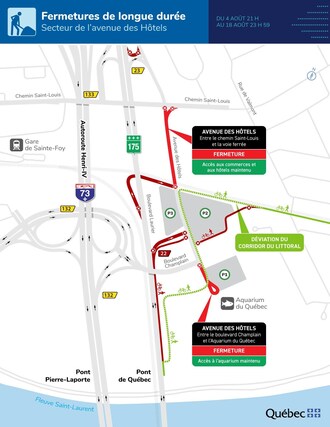 Fermetures de longue durée dans le secteur de l’avenue des Hôtels, du 4 au 18 août 2024. (Groupe CNW/Ministère des Transports et de la Mobilité durable)