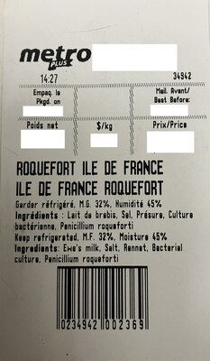 Roquefort Ile de France_Étiquette (Groupe CNW/Ministère de l'Agriculture, des Pêcheries et de l'Alimentation)