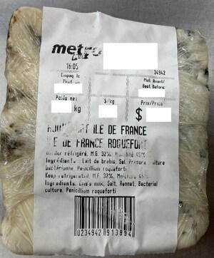 Absence d'informations nécessaires à la consommation sécuritaire de fromage Roquefort Ile de France vendu par les entreprises Metro, Adonis, Marché Richelieu et Marché Ami