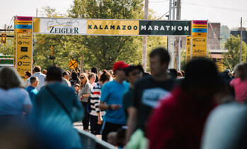 Runners gathered near the Zeigler Kalamazoo Marathon Finish Line