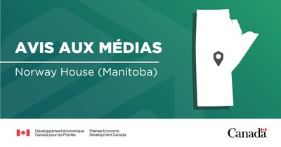 Illustration de la province du Manitoba avec un marqueur de localisation indiquant où se trouve Norway House, accompagné du texte : « Avis aux médias; Norway House (Manitoba) ». (Groupe CNW/Développement économique Canada pour les Prairies)