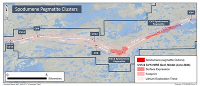 Figure 1: Spodumene Pegmatite clusters discovered along the CV Lithium Pegmatite Trend. (CNW Group/Patriot Battery Metals Inc.)