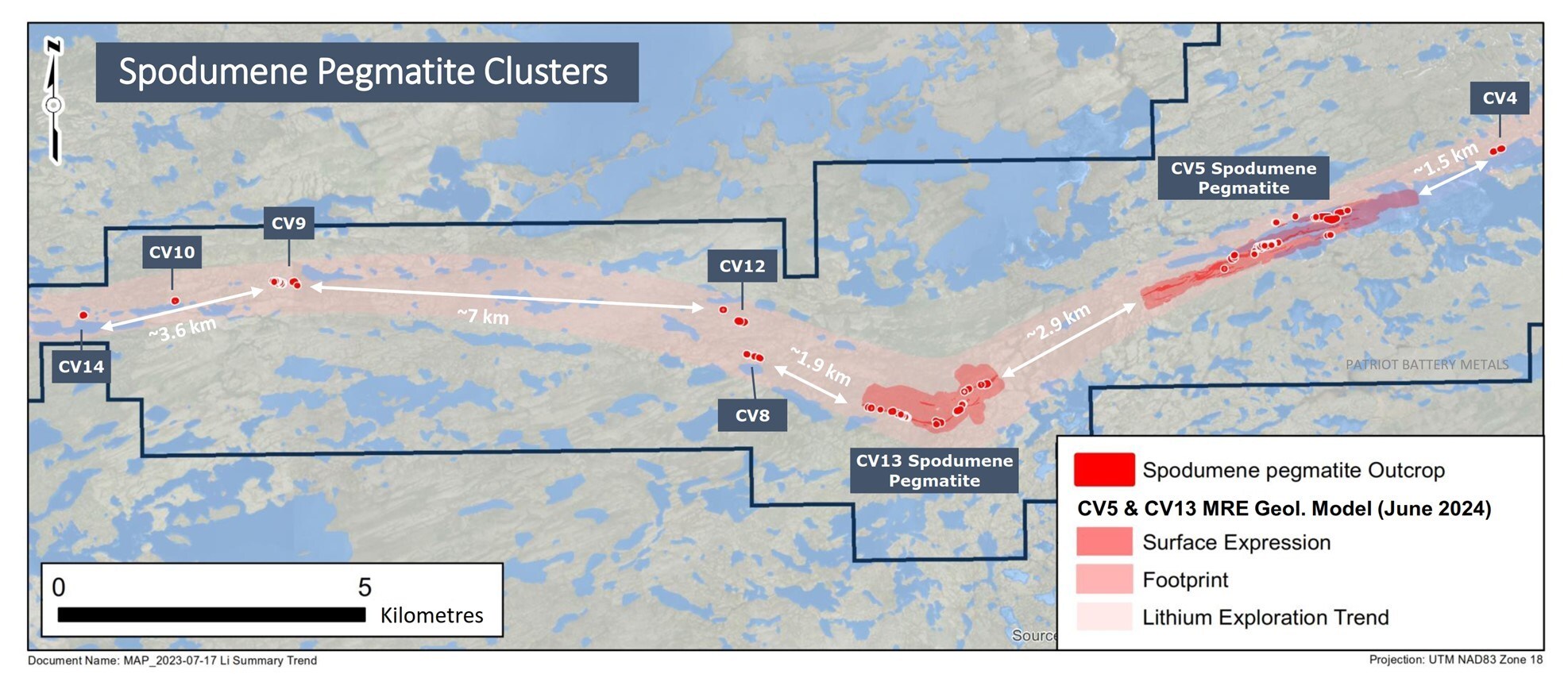 Figure 1: Spodumene Pegmatite clusters discovered along the CV Lithium Pegmatite Trend. (CNW Group/Patriot Battery Metals Inc.) Figure 1: Spodumene Pegmatite clusters discovered along the CV Lithium Pegmatite Trend. (CNW Group/Patriot Battery Metals Inc.)