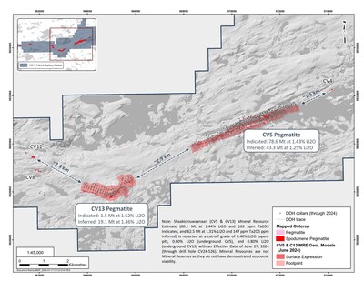 Figure 3: Extent of the Shaakichiuwaanaan MRE with respect to the spodumene pegmatite clusters in the area, highlighting potential for resource growth. CV5 and CV13 remain open along strike and at depth. (CNW Group/Patriot Battery Metals Inc.)